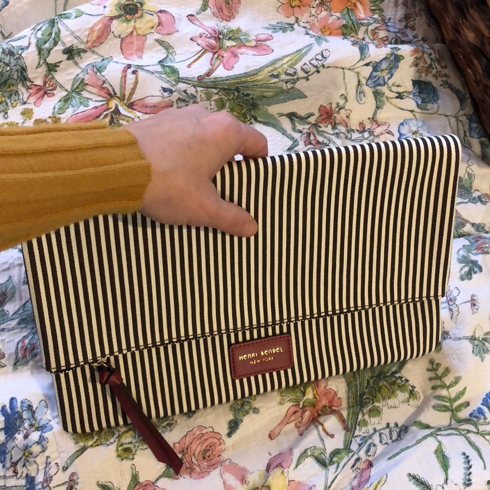 Henri Bendel Fold Over Stripe Canvas Clutch Bag - Picture 7 of 8